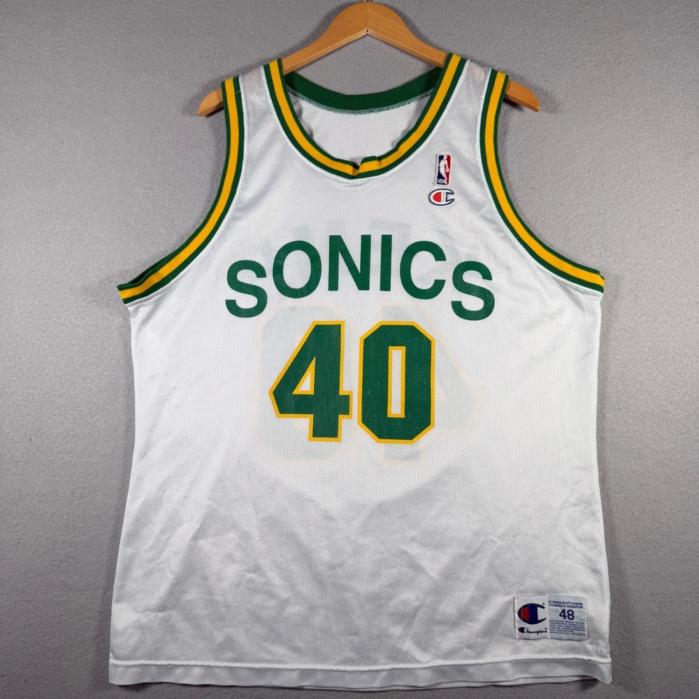 Champion Shawn Kemp Seattle SuperSonics NBA Jersey Mens 48 White Vintage 40